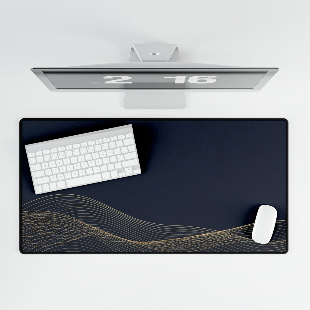 Printify preview: overhead view of Navy Interference, 31.5 × 15.5 inches, with keyboard and mouse.