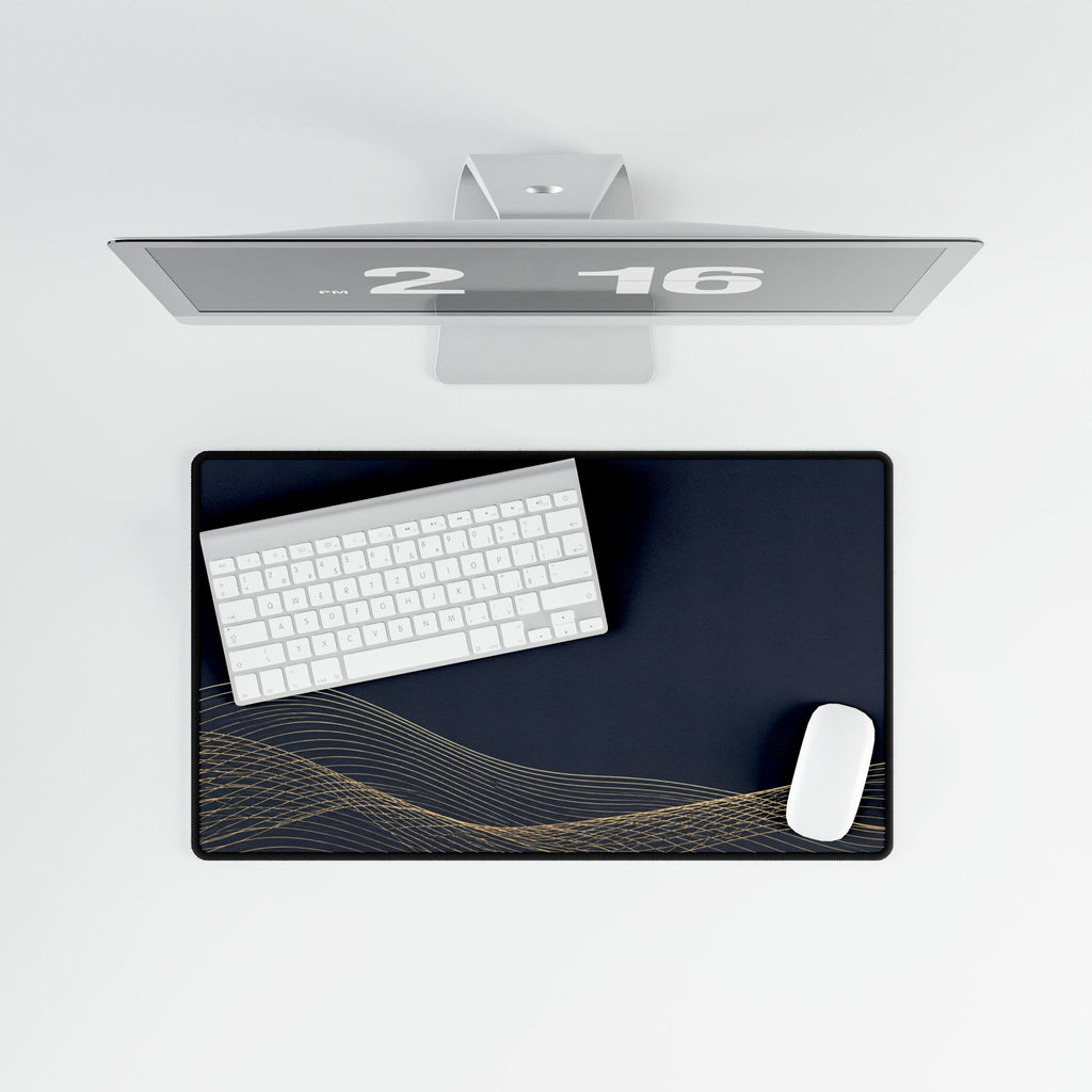Printify preview: overhead view of Navy Interference, 23.6 × 13.8 inches, with keyboard and mouse.