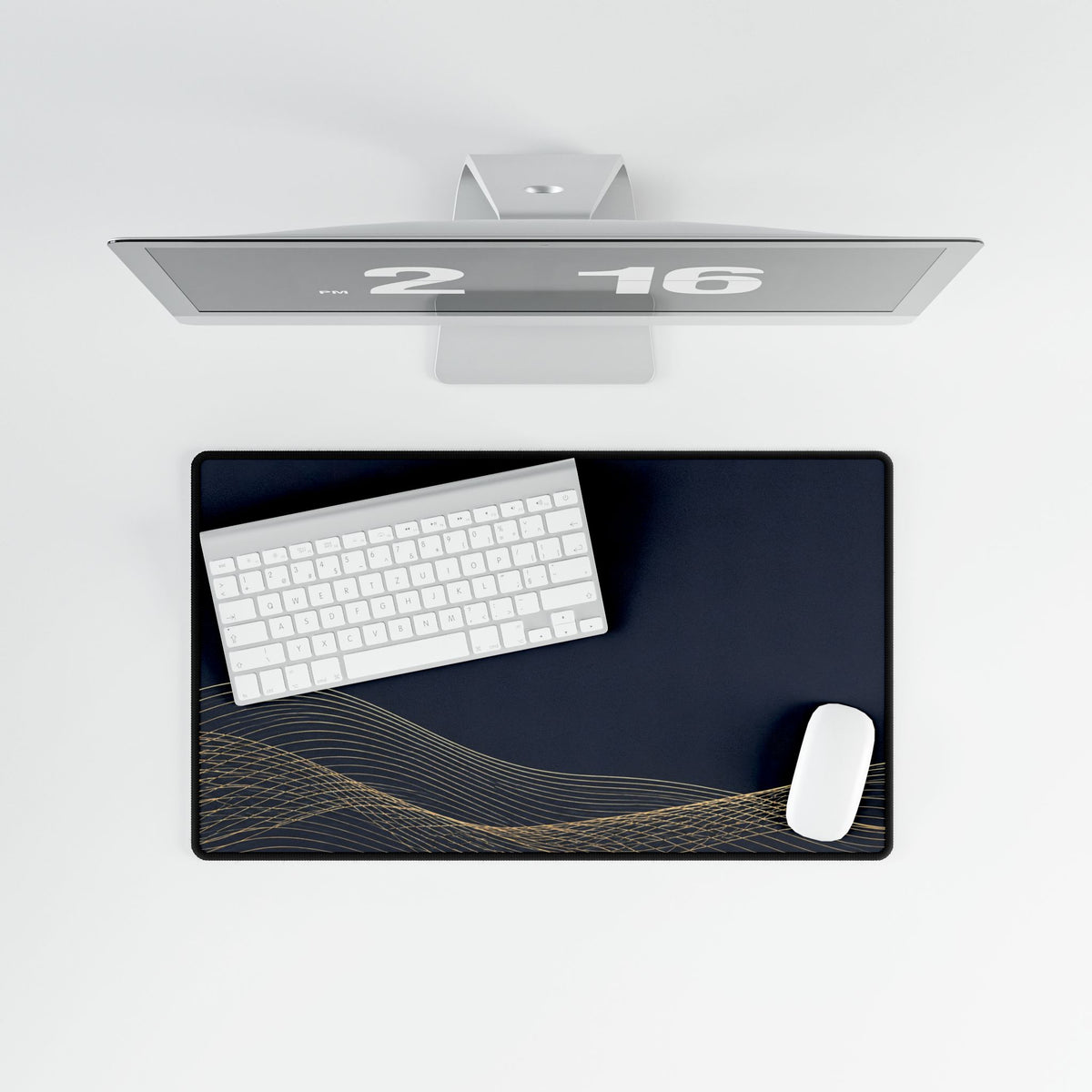 Printify preview: overhead view of Navy Interference, 23.6 × 13.8 inches, with keyboard and mouse.