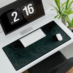 Printify preview: Teal Atlas, 31.5 × 15.5 inches, angled desk view with keyboard and mouse.