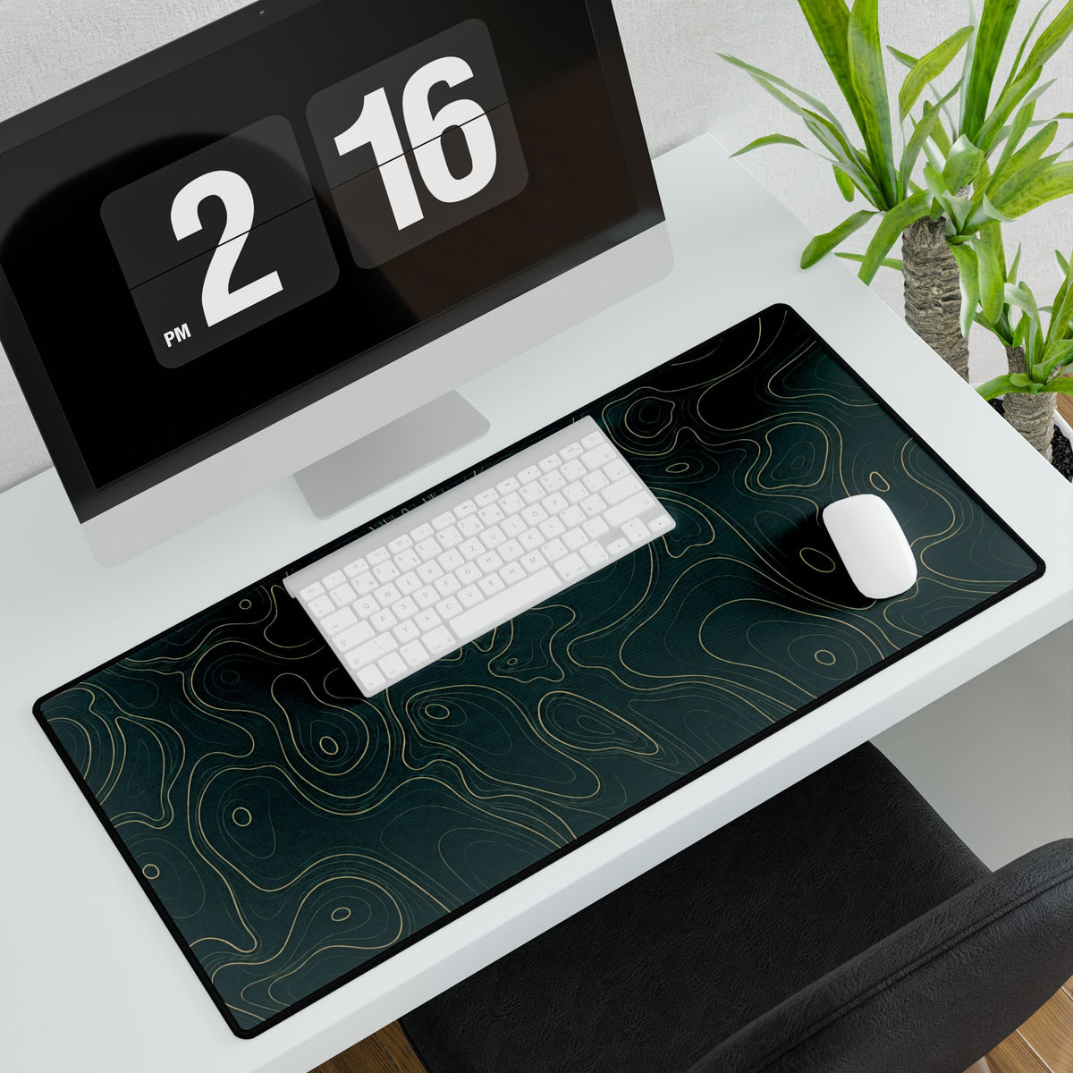 Printify preview: Teal Atlas, 31.5 × 15.5 inches, angled desk view with keyboard and mouse.