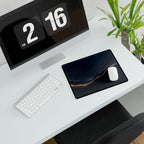Printify preview: Navy Radiance, 14.4 × 12.1 inches, angled desk view with keyboard and mouse.