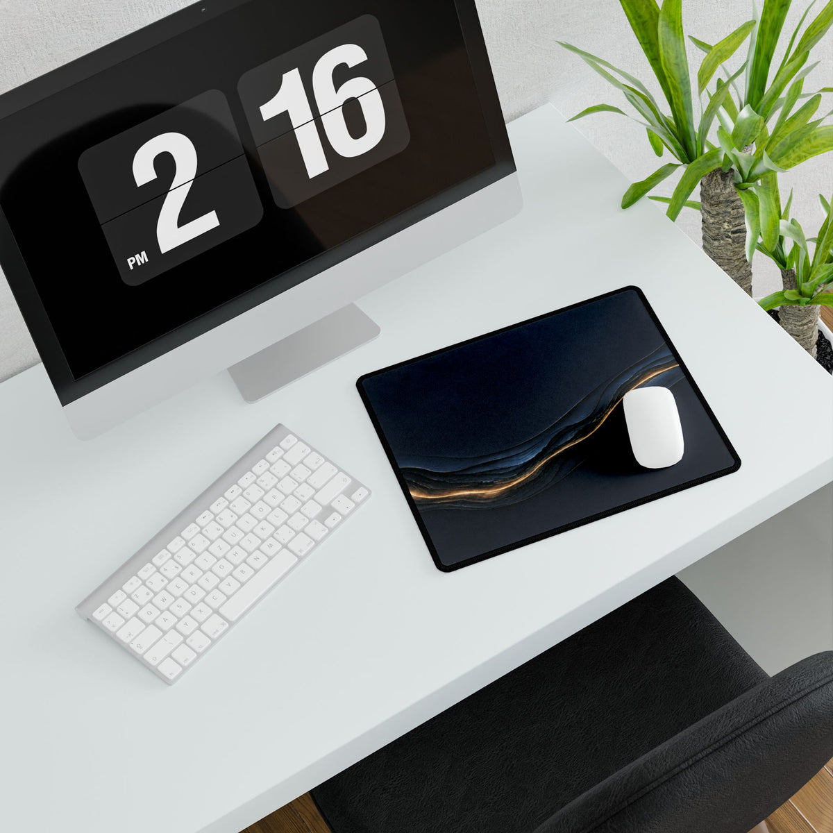 Printify preview: Navy Radiance, 14.4 × 12.1 inches, angled desk view with keyboard and mouse.