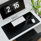 Printify preview: Charcoal Facet, 31.5 × 15.5 inches, angled desk view with keyboard and mouse.