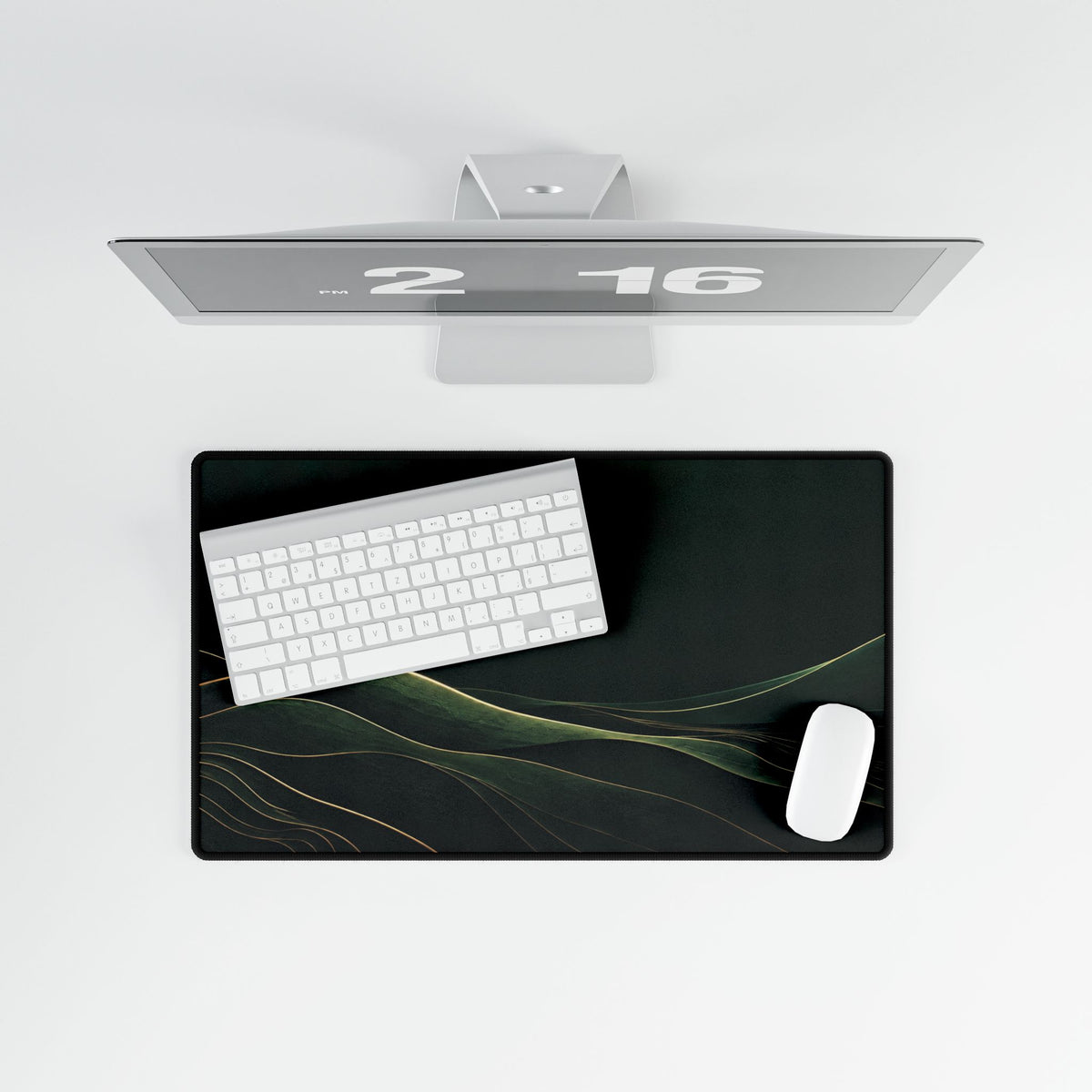 Printify preview: overhead view of Forest Horizon, 23.6 × 13.8 inches, with keyboard and mouse.