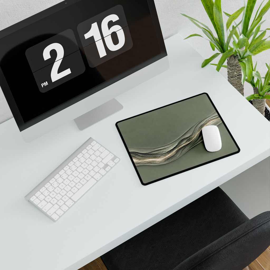 Printify preview: Sage Radiance, 14.4 × 12.1 inches, angled desk view with keyboard and mouse.