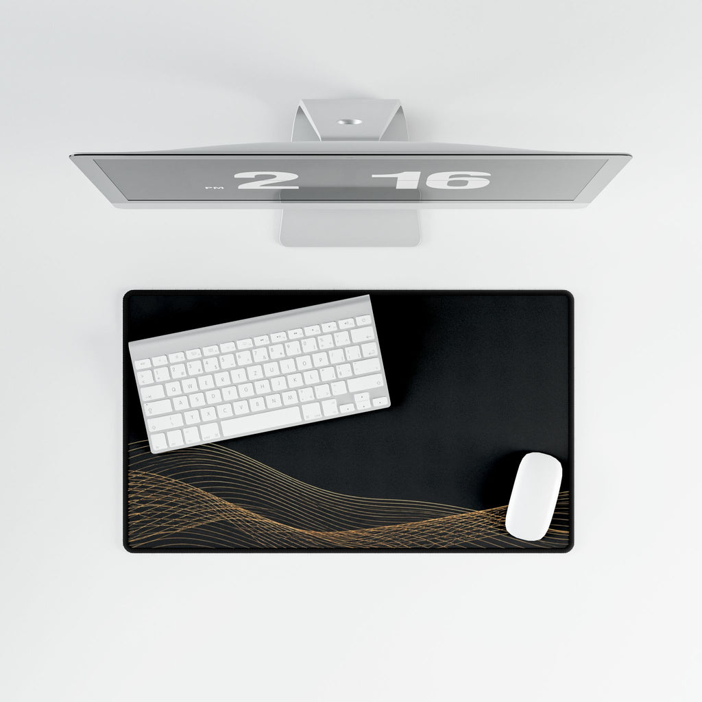 Printify preview: overhead view of Obsidian Interference, 23.6 × 13.8 inches, with keyboard and mouse.