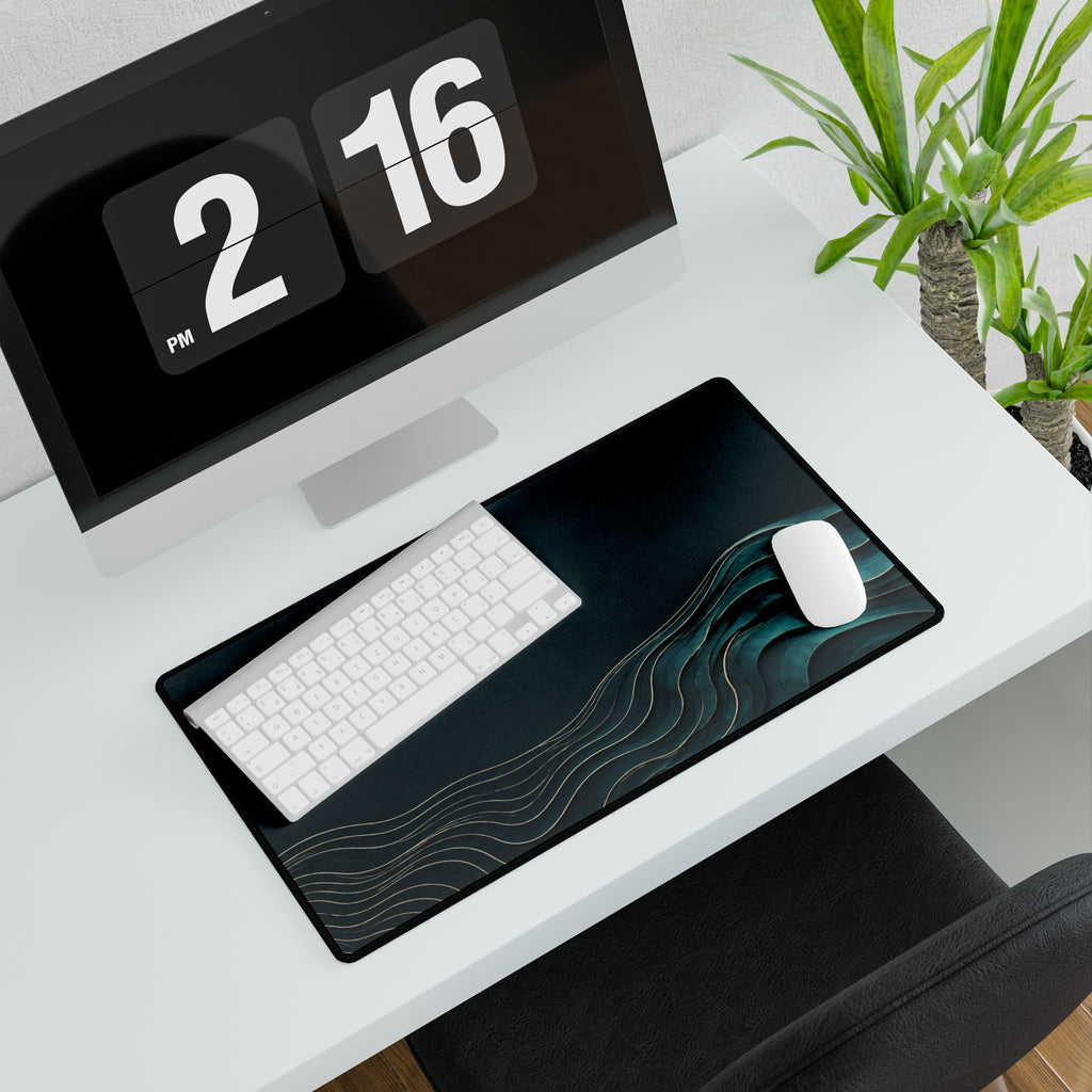 Printify preview: Teal Evolution, 23.6 × 13.8 inches, with keyboard and mouse on a white desk, viewed at an angle.