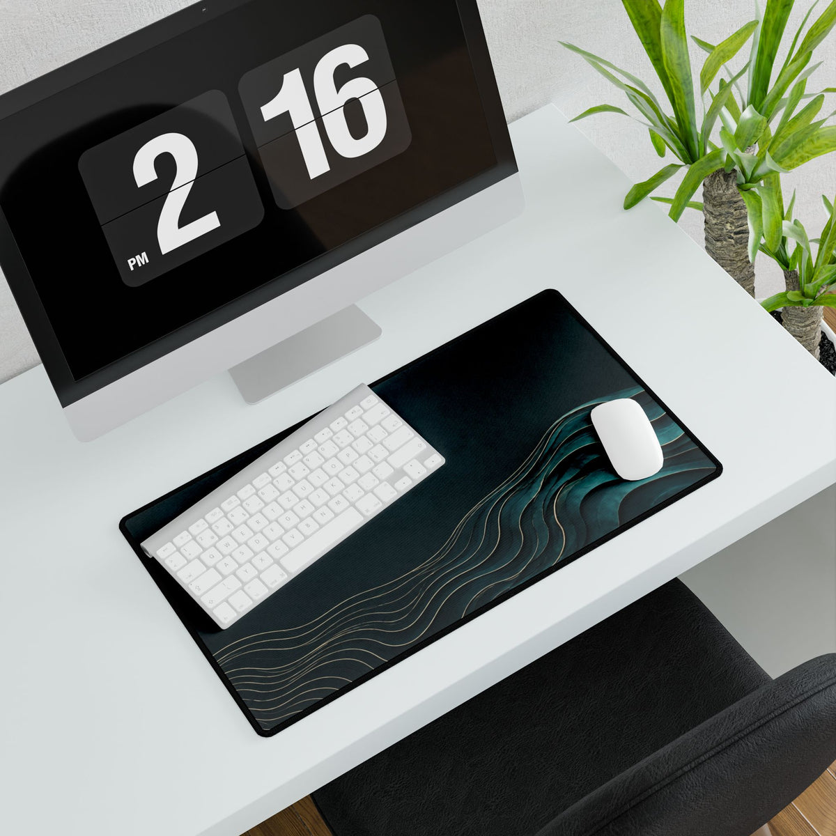 Printify preview: Teal Evolution, 23.6 × 13.8 inches, with keyboard and mouse on a white desk, viewed at an angle.