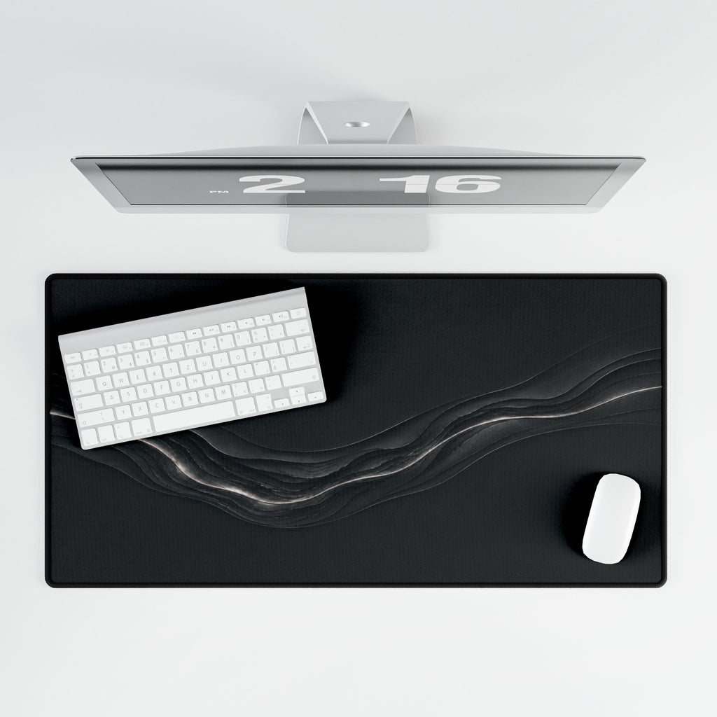 Printify preview: Graphite Radiance, 31.5 × 15.5 inches, overhead desk view with keyboard and mouse.