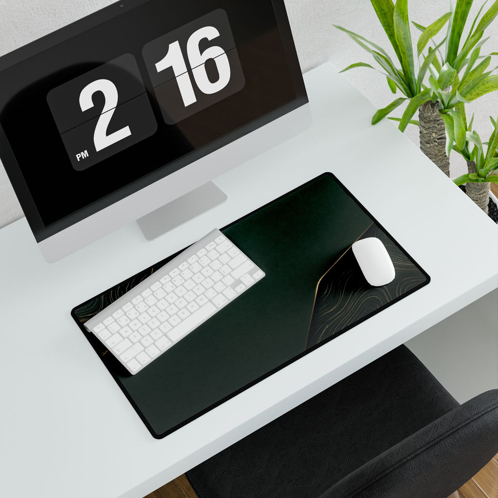 Printify preview: Forest Cutaway, 23.6 × 13.8 inches, with keyboard and mouse on a white desk, viewed at an angle.