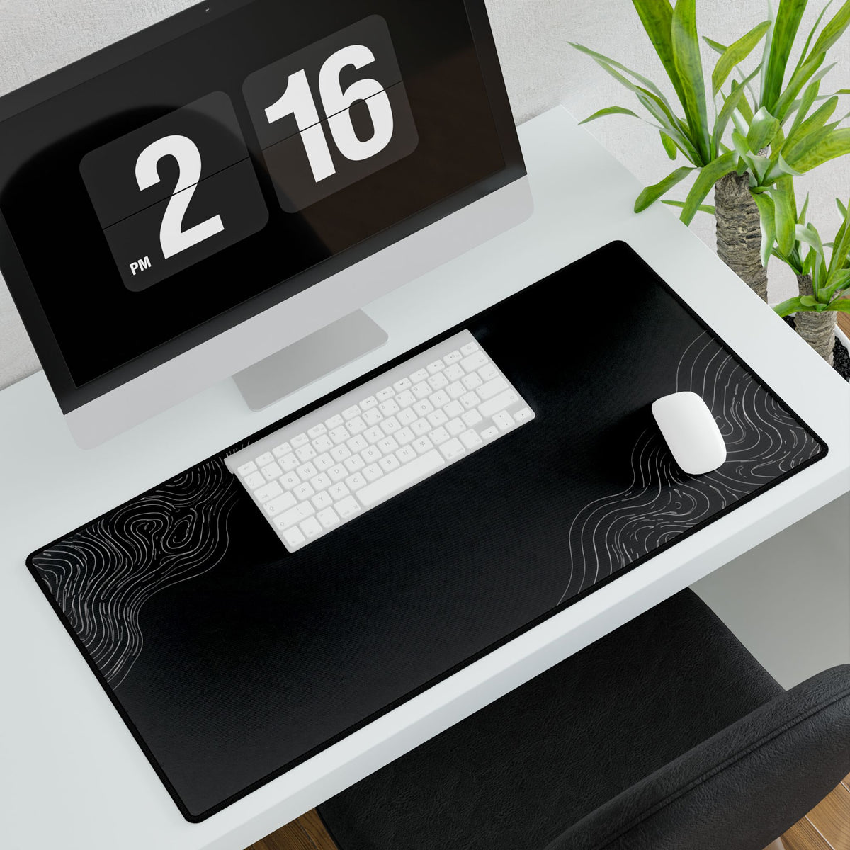 Minimal Charcoal desk mat in a wide format, shown with a keyboard and mouse on a white desk.