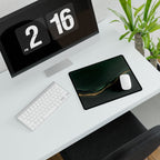 Printify preview: Forest Radiance, 14.4 × 12.1 inches, angled desk view with keyboard and mouse.