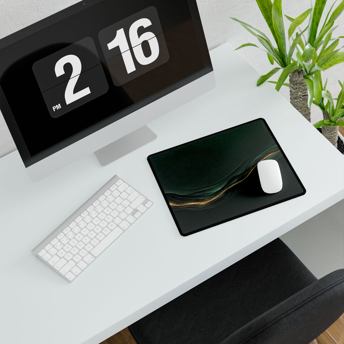 Printify preview: Forest Radiance, 14.4 × 12.1 inches, angled desk view with keyboard and mouse.