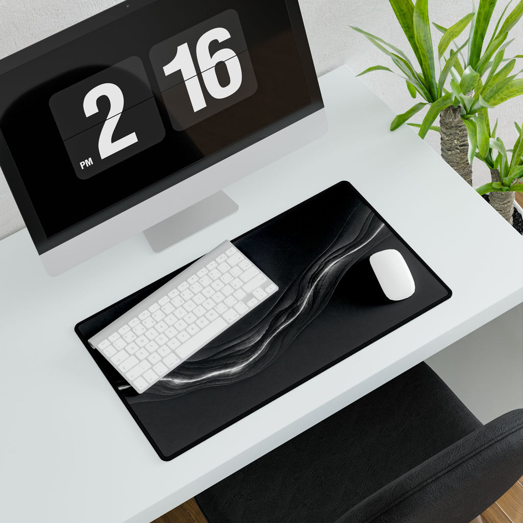 Printify preview: Charcoal Radiance, 23.6 × 13.8 inches, angled desk view with keyboard and mouse.