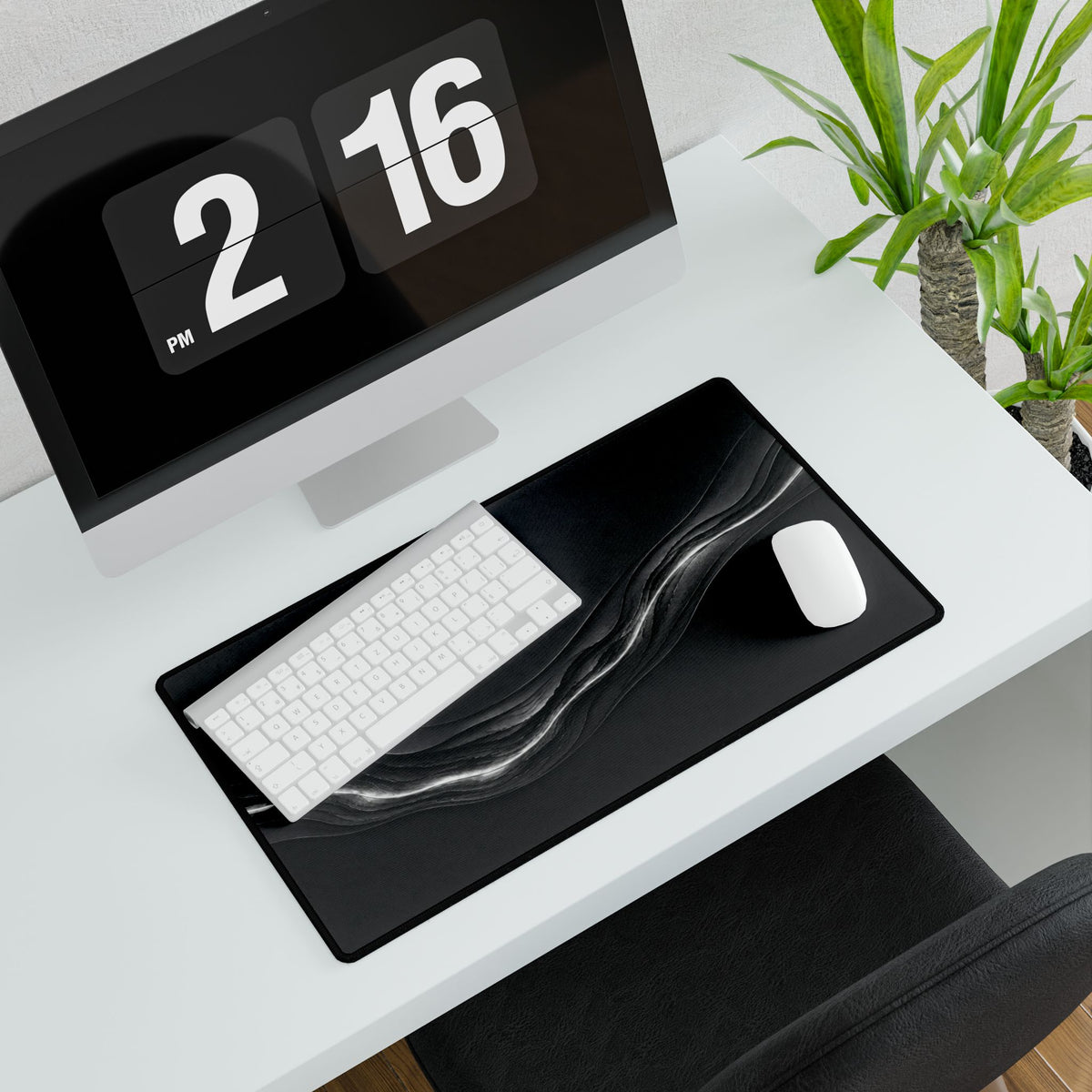 Printify preview: Charcoal Radiance, 23.6 × 13.8 inches, angled desk view with keyboard and mouse.