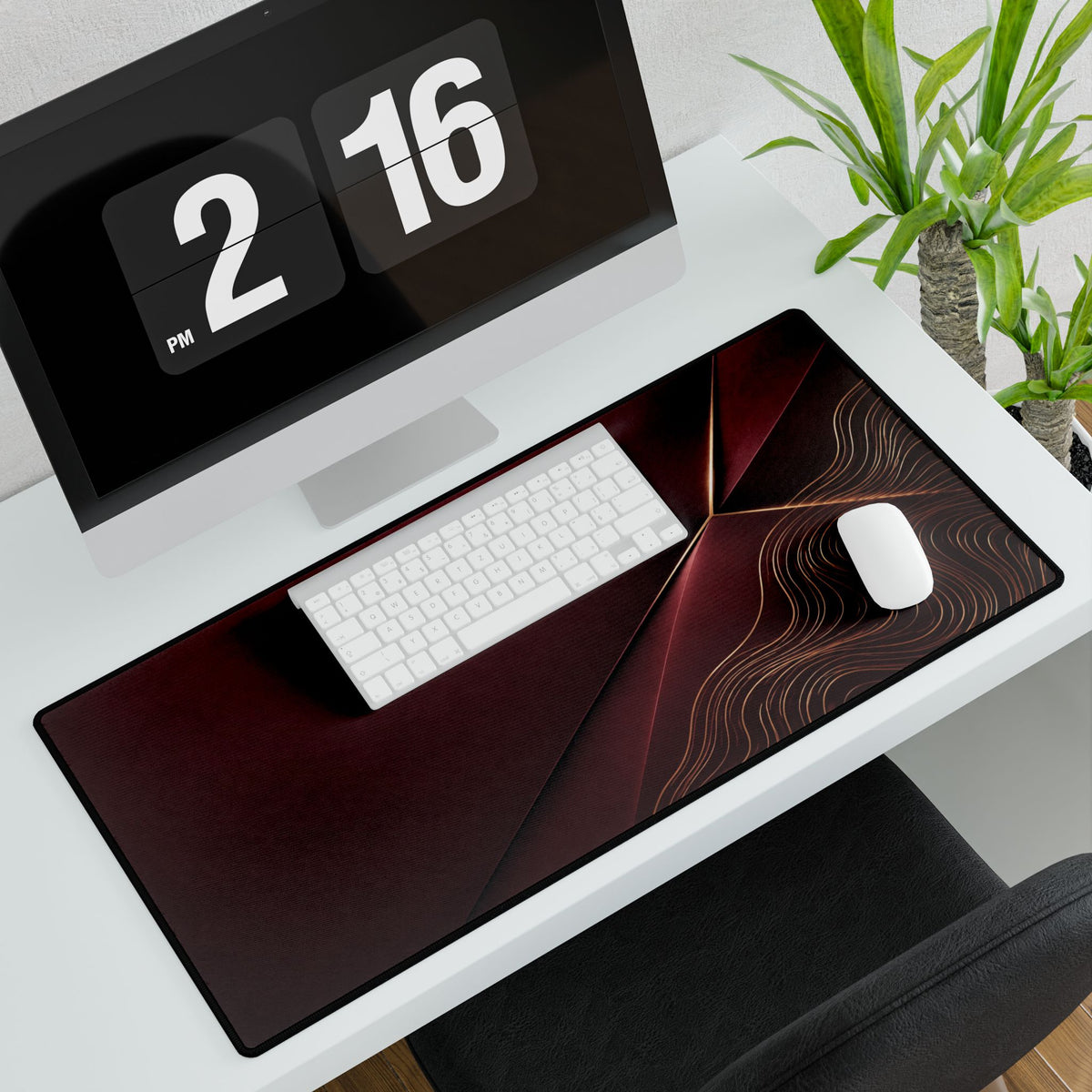 Printify preview: Burgundy Facet, 31.5 × 15.5 inches, angled desk view with keyboard and mouse.