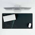 Printify preview: overhead view of Teal Optic, 31.5 × 15.5 inches, with keyboard and mouse.