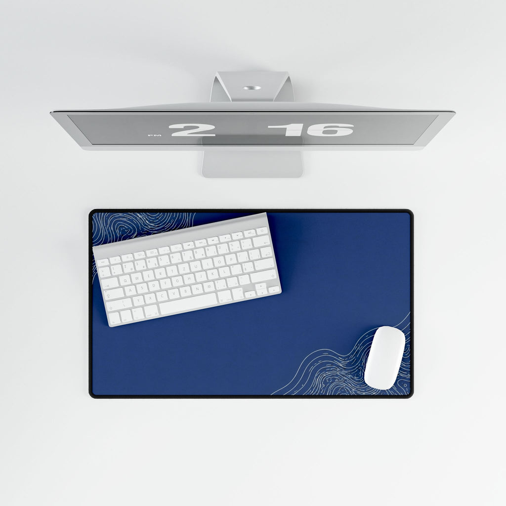 Printify preview: Minimal Cobalt Pearl, 23.6 × 13.8 inches, overhead desk view with keyboard and mouse.