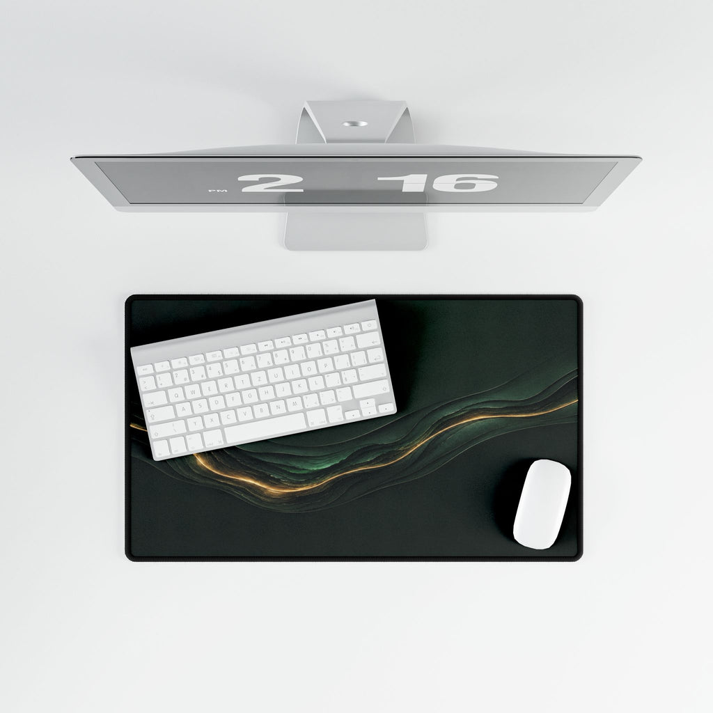 Printify preview: Forest Radiance, 23.6 × 13.8 inches, overhead desk view with keyboard and mouse.