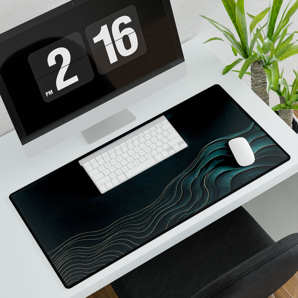 Printify preview: Teal Evolution, 31.5 × 15.5 inches, with keyboard and mouse on a white desk, viewed at an angle.