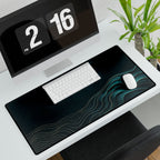 Printify preview: Teal Evolution, 31.5 × 15.5 inches, with keyboard and mouse on a white desk, viewed at an angle.