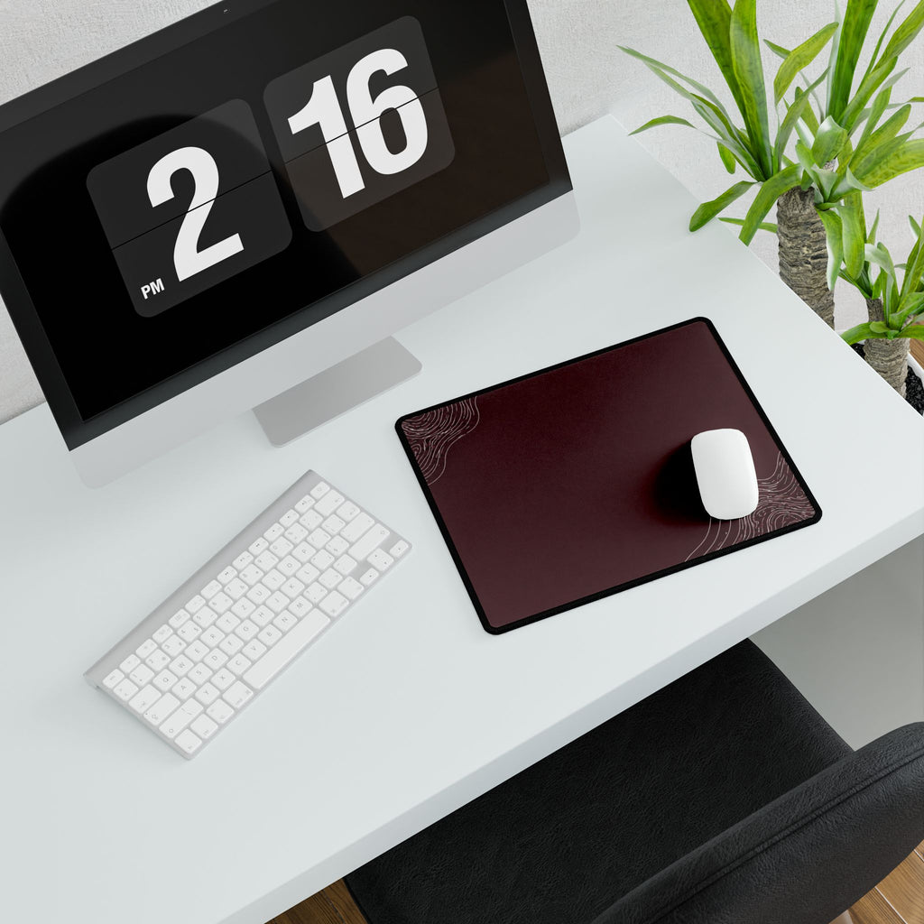 Printify preview: Minimal Oxblood Platinum, 14.4 × 12.1 inches, angled desk view with keyboard and mouse.