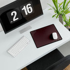 Printify preview: Minimal Oxblood Platinum, 14.4 × 12.1 inches, angled desk view with keyboard and mouse.