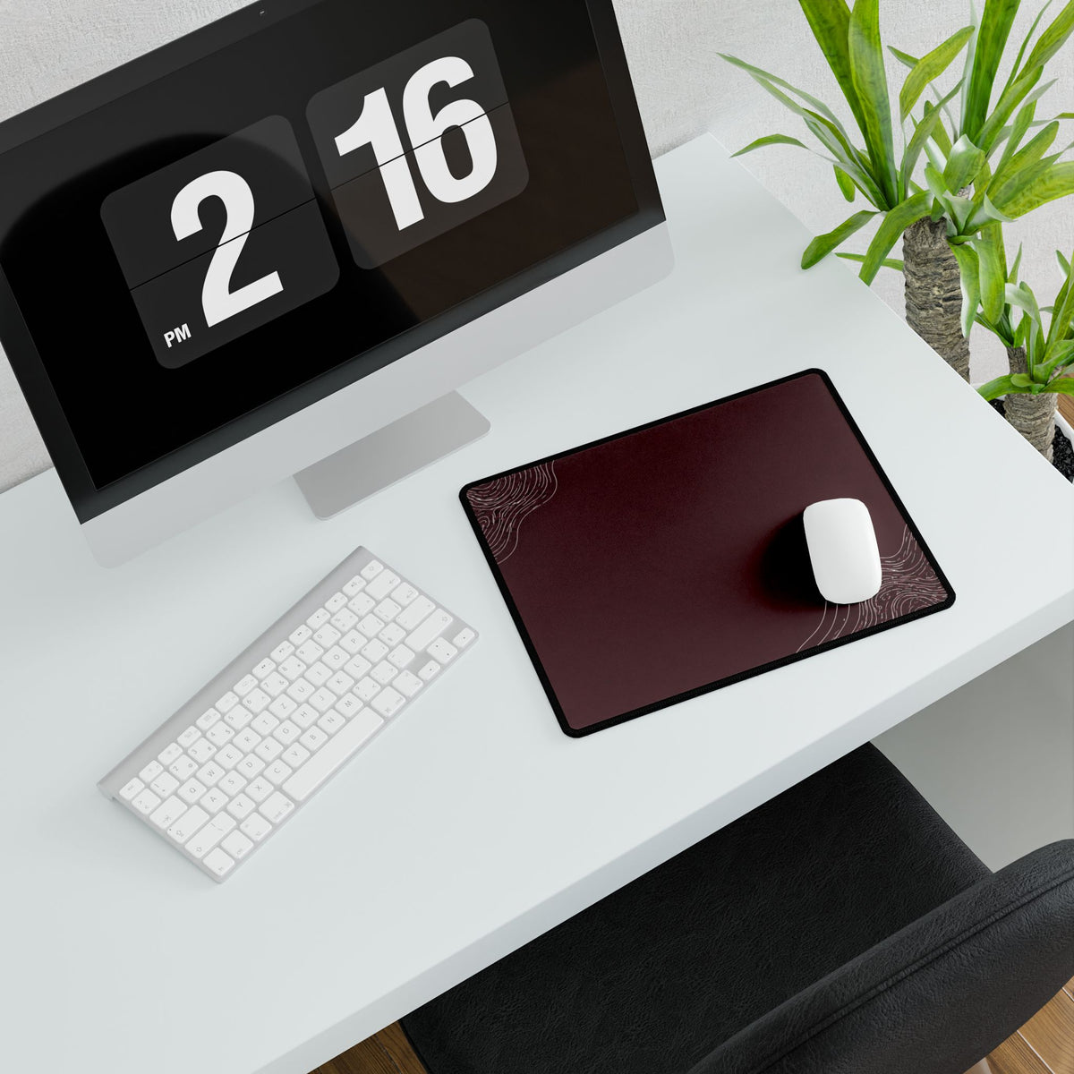 Printify preview: Minimal Oxblood Platinum, 14.4 × 12.1 inches, angled desk view with keyboard and mouse.