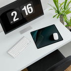 Printify preview: Teal Fold, 14.4 × 12.1 inches, angled desk view with keyboard and mouse.