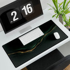 Printify preview: Forest Radiance, 31.5 × 15.5 inches, angled desk view with keyboard and mouse.