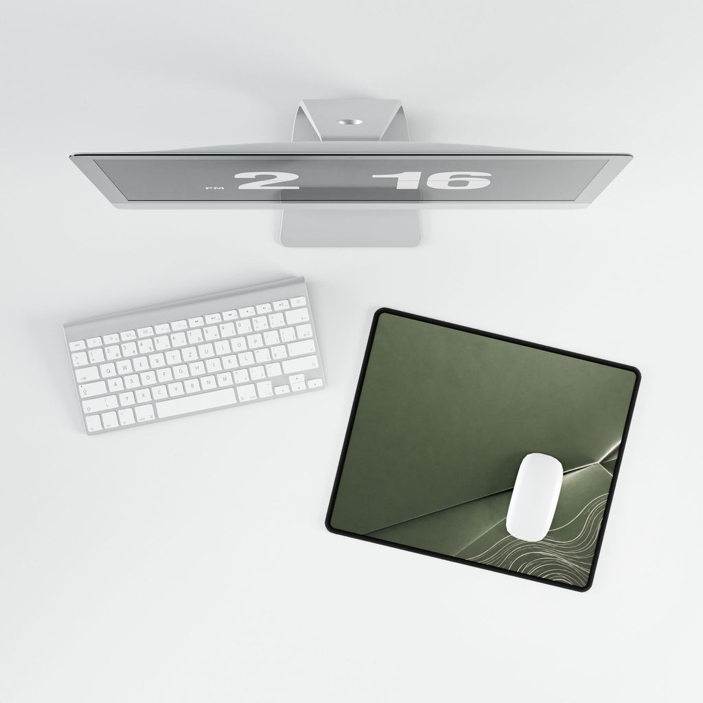 Printify preview: Sage Facet, 14.4 × 12.1 inches, overhead desk view with keyboard and mouse.