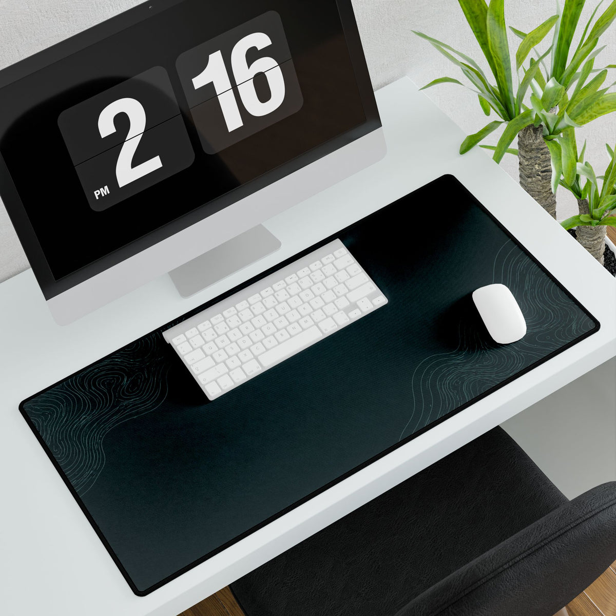 Printify preview: Minimal Deep Teal, 23.6 × 13.8 inches, angled desk view with keyboard and mouse.