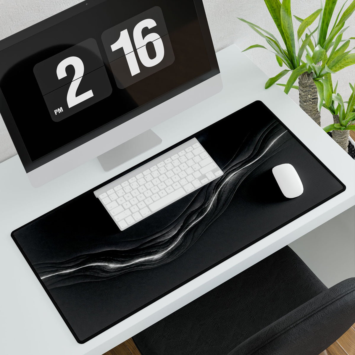 Printify preview: Charcoal Radiance, 31.5 × 15.5 inches, angled desk view with keyboard and mouse.