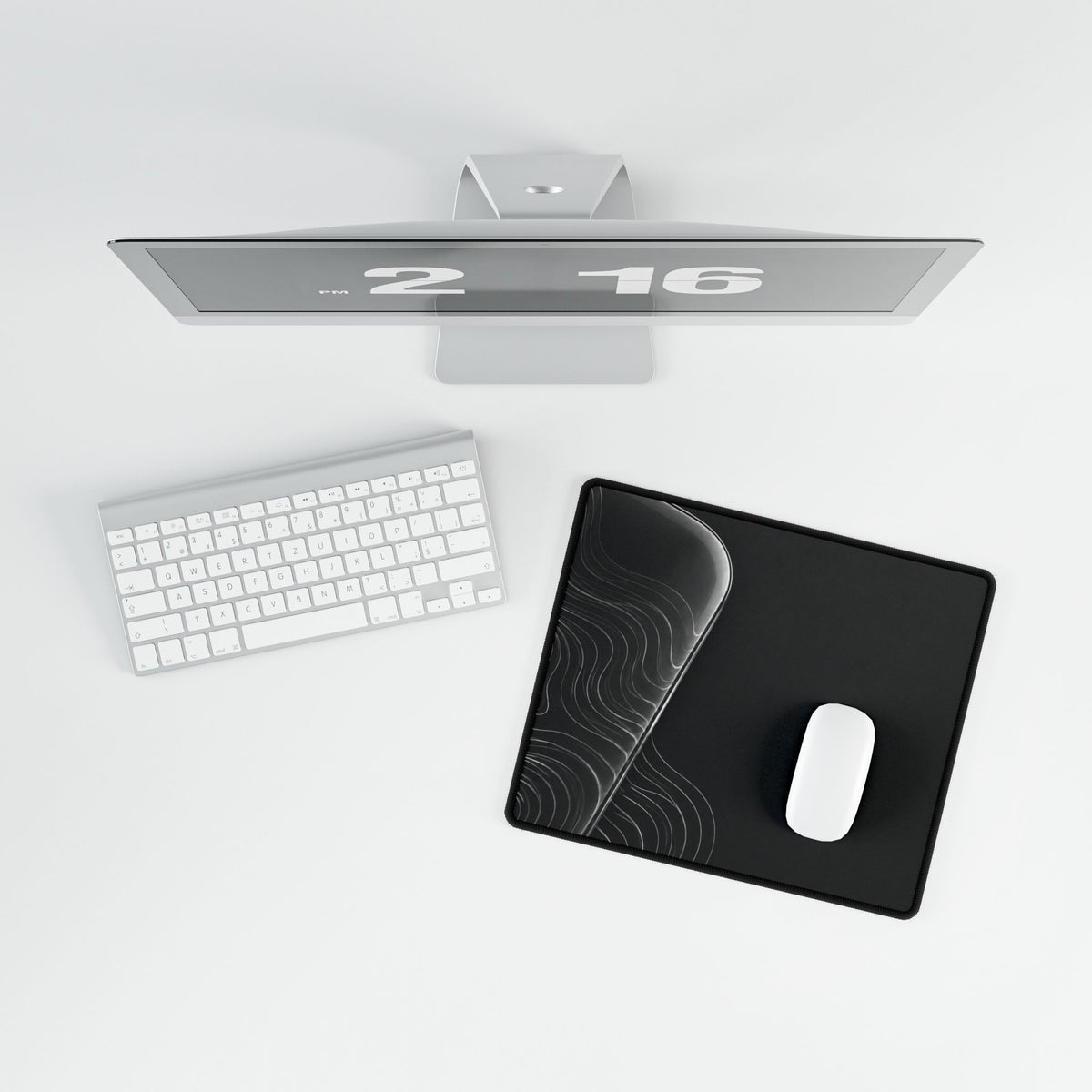 Printify preview: overhead view of Charcoal Optic, 14.4 × 12.1 inches, with a mouse beside a keyboard.