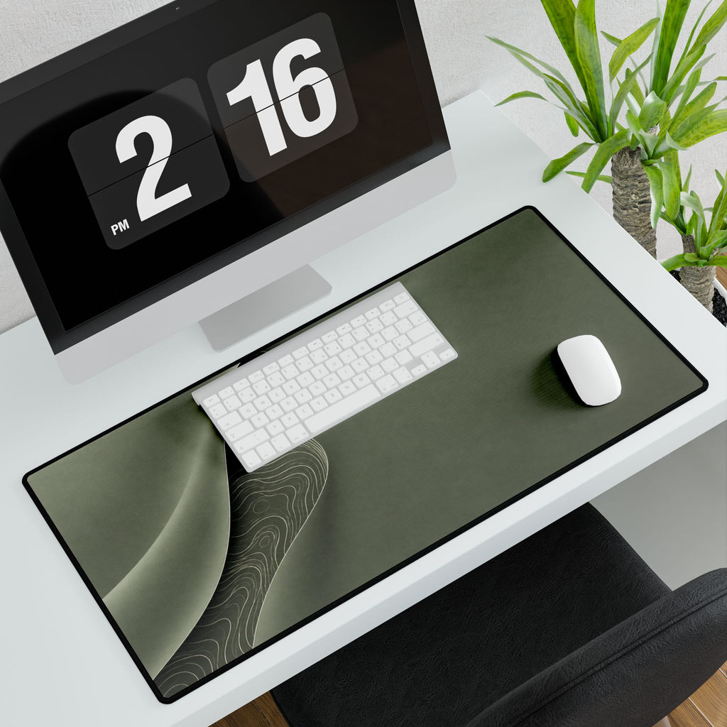 Printify preview: Sage Fold, 31.5 × 15.5 inches, angled desk view with keyboard and mouse.
