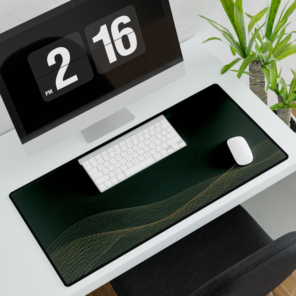Printify preview: Forest Interference, 31.5 × 15.5 inches, with keyboard and mouse on a white desk, viewed at an angle.