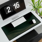 Printify preview: Forest Interference, 31.5 × 15.5 inches, with keyboard and mouse on a white desk, viewed at an angle.