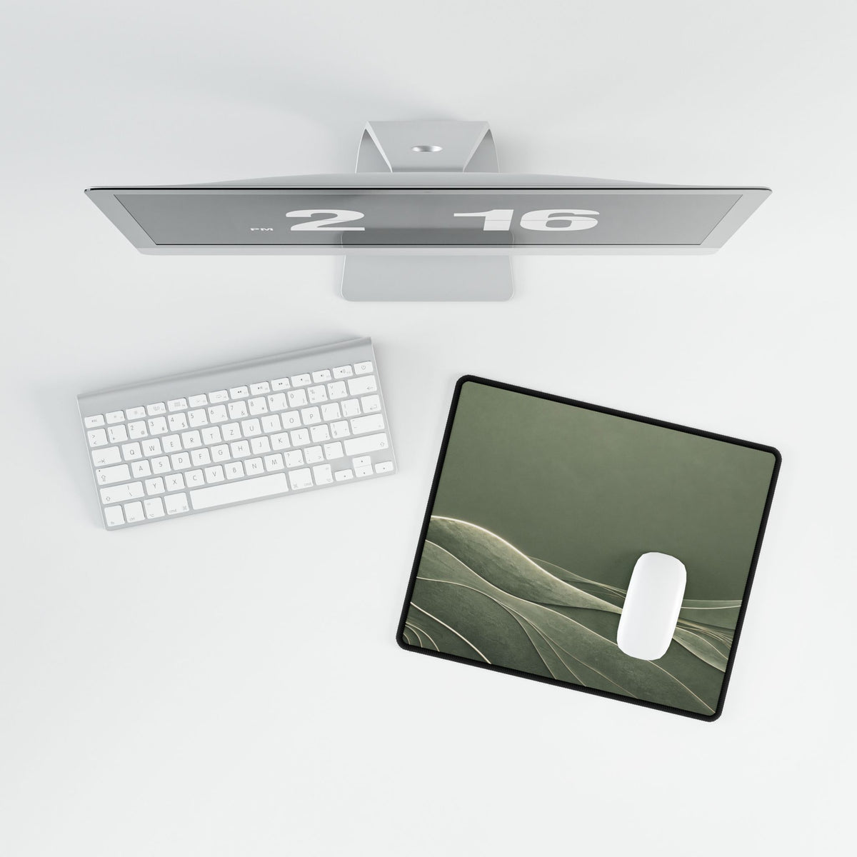 Printify preview: overhead view of Sage Horizon, 14.4 × 12.1 inches, with a mouse beside a keyboard.