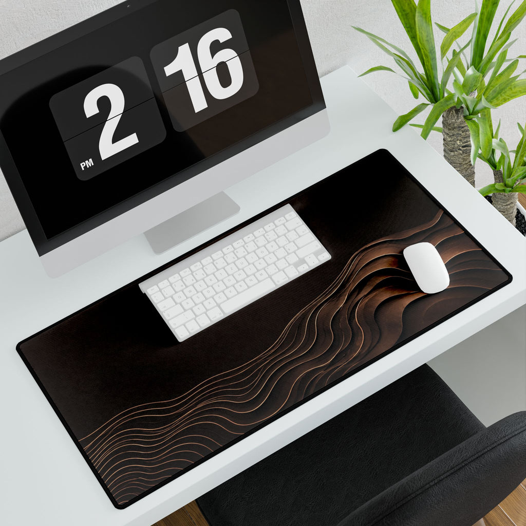 Printify preview: Espresso Evolution, 31.5 × 15.5 inches, with keyboard and mouse on a white desk, viewed at an angle.