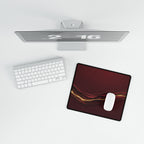 Printify preview: Burgundy Radiance, 14.4 × 12.1 inches, overhead desk view with keyboard and mouse.