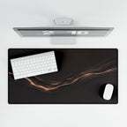 Printify preview: Espresso Radiance, 31.5 × 15.5 inches, overhead desk view with keyboard and mouse.