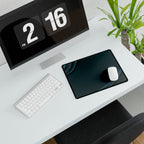 Printify preview: Teal Relief, 14.4 × 12.1 inches, angled desk view with keyboard and mouse.
