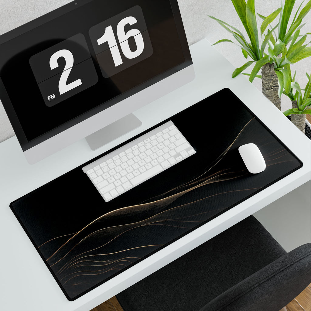 Printify preview: Obsidian Horizon, 31.5 × 15.5 inches, angled desk view with keyboard and mouse.