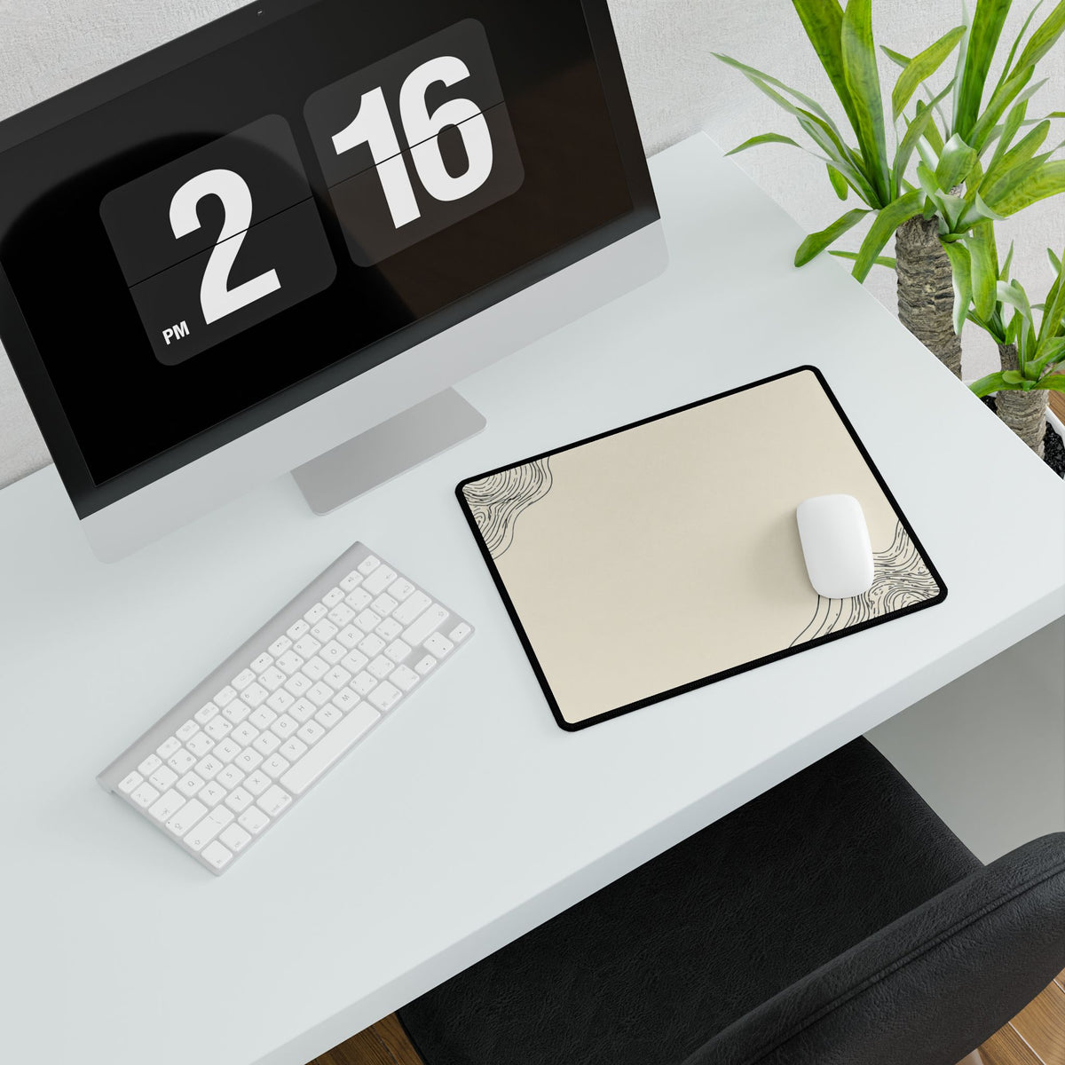 Printify preview: Minimal Porcelain Ink, 14.4 × 12.1 inches, angled desk view with keyboard and mouse.