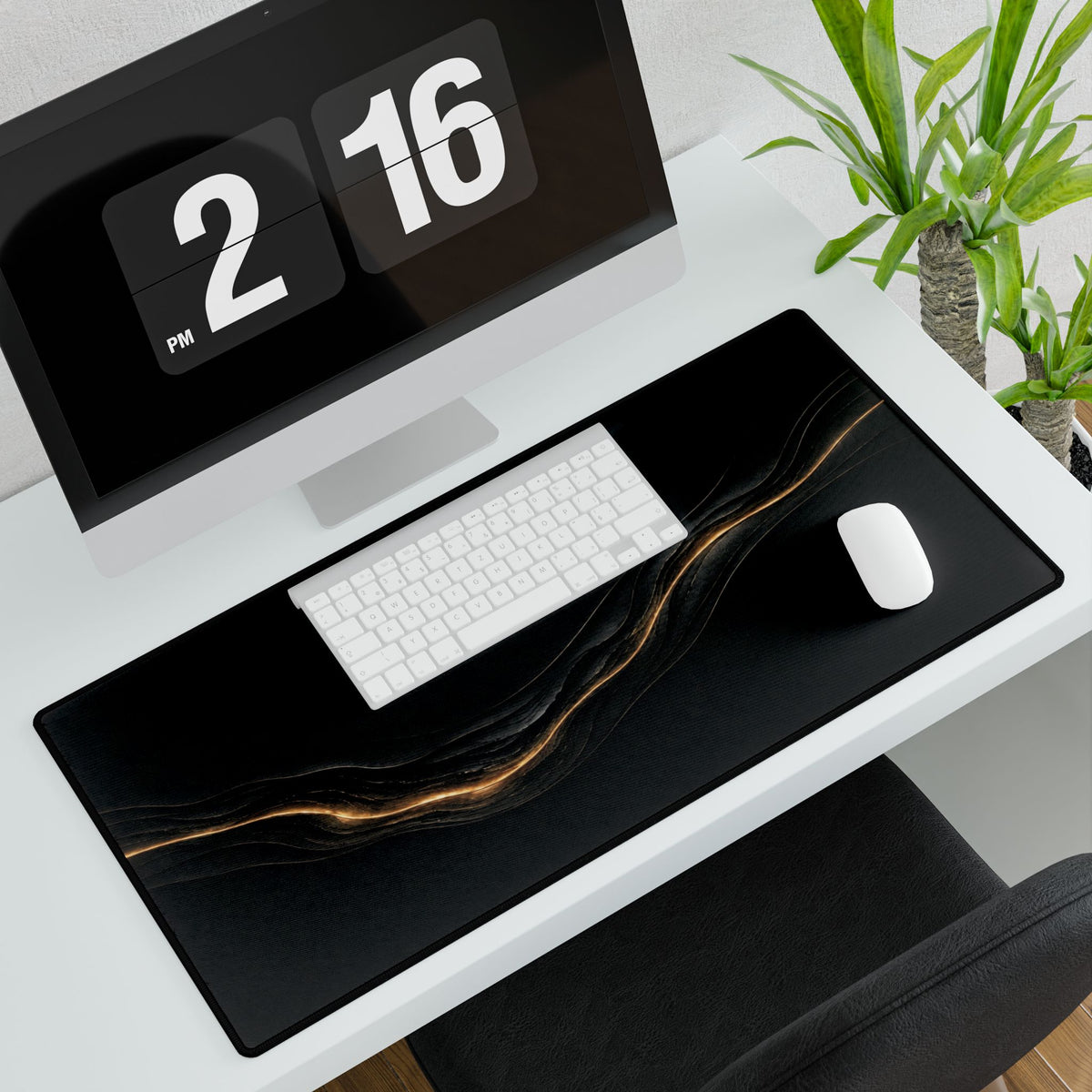 Printify preview: Obsidian Radiance, 31.5 × 15.5 inches, angled desk view with keyboard and mouse.