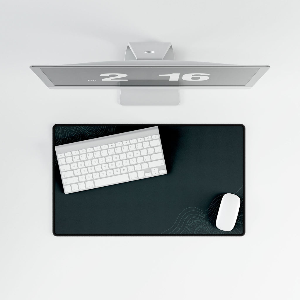 Printify preview: Minimal Deep Teal, 23.6 × 13.8 inches, overhead desk view with keyboard and mouse.