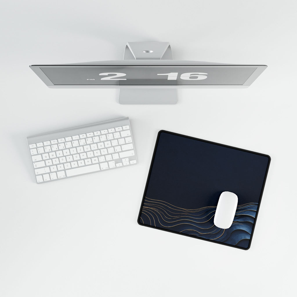 Printify preview: overhead view of Navy Evolution, 14.4 × 12.1 inches, with a mouse beside a keyboard.