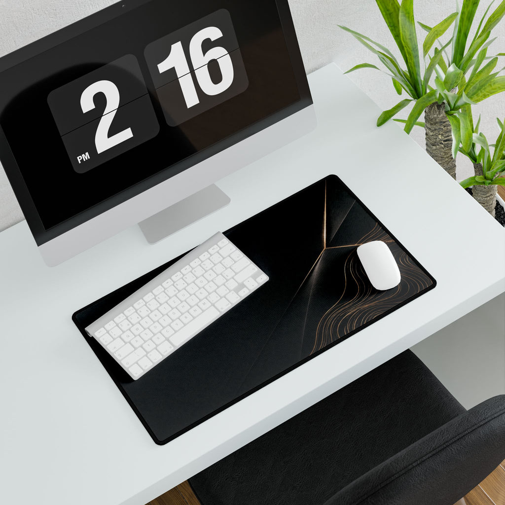 Printify preview: Obsidian Facet, 23.6 × 13.8 inches, angled desk view with keyboard and mouse.