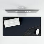 Printify preview: overhead view of Navy Cutaway, 31.5 × 15.5 inches, with keyboard and mouse.